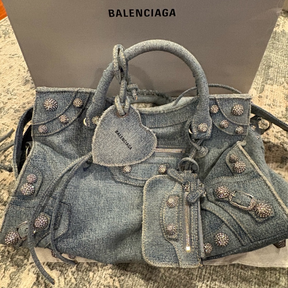 Balenciaga Denim city bag with Silver rhinestone Accents